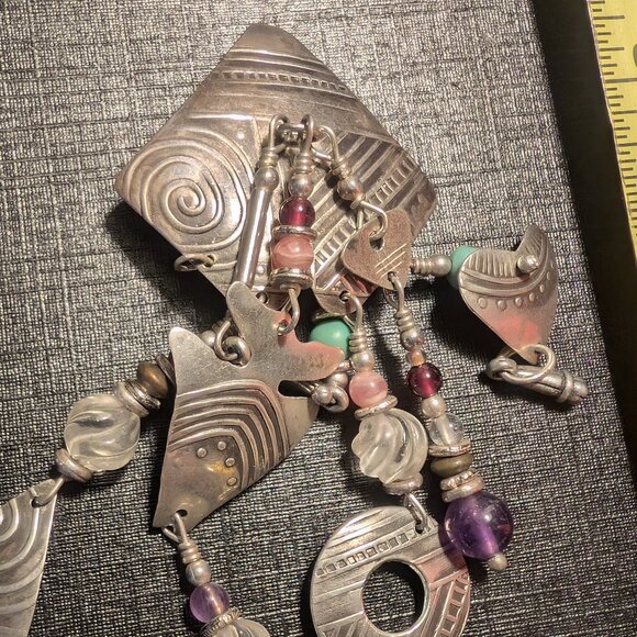 VTG Signed Tabra Earrings Silver Tone Dangle Multi-Layered Multiple Beads Colors - Picture 3 of 8